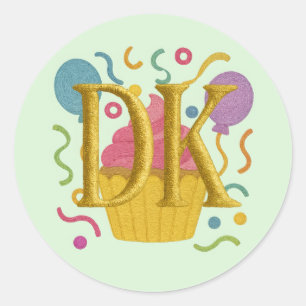 ALL INITIALS Embroidery Look Birthday Cupcake Classic Round Sticker