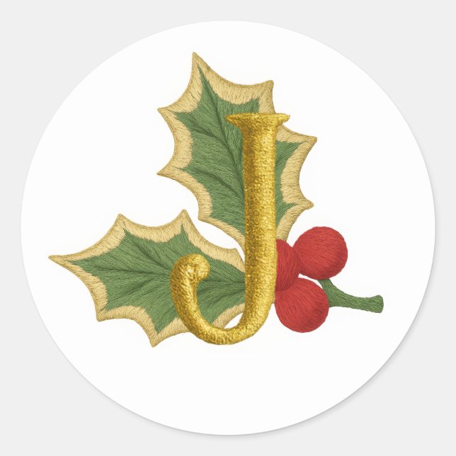 ALL INITIALS Embroidery Look Holly Berries Classic Round Sticker (Front)