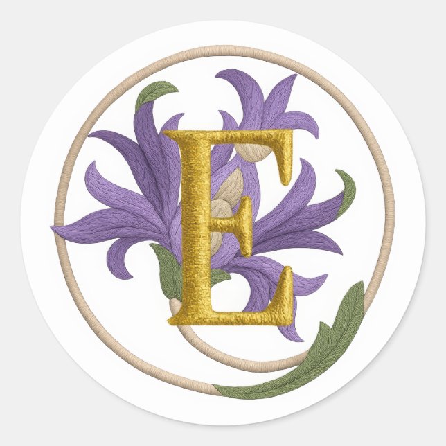 ALL INITIALS Embroidery Look Purple Floral Classic Round Sticker (Front)