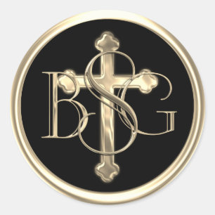 ALL INITIALS Gold 3 Monogram Gold Cross Classic Round Sticker