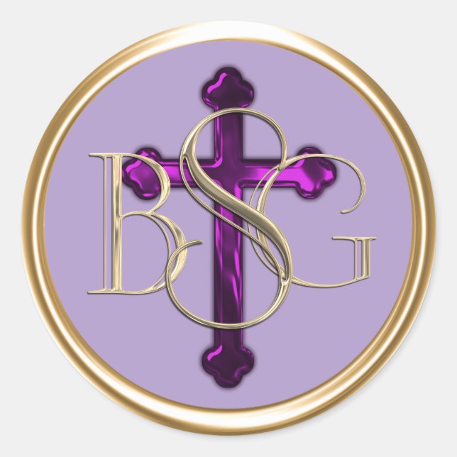ALL INITIALS Gold 3 Monogram Purple Cross Classic Round Sticker (Front)