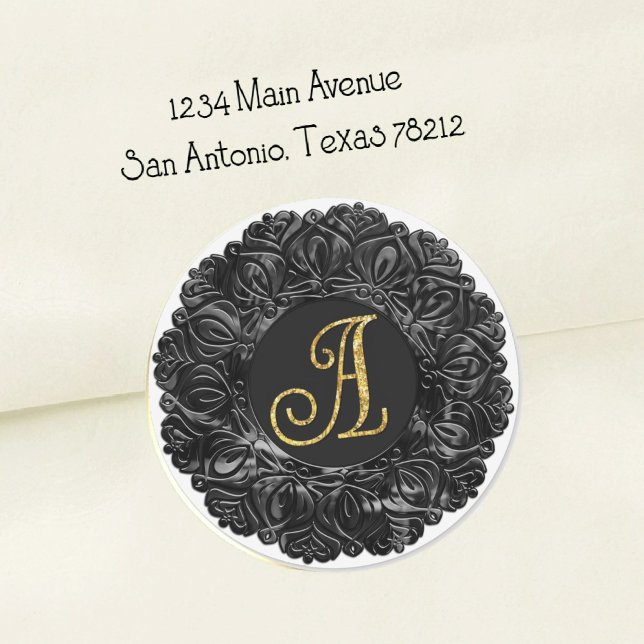 ALL INITIALS Gold Monogram 3 Pearly Filigree Black Classic Round Sticker (Creator Uploaded)