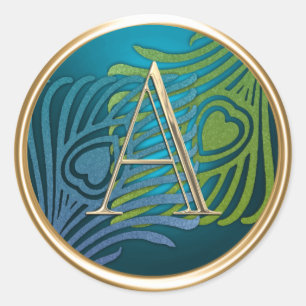 ALL INITIALS Gold Monogram Blue and Green Peacock Classic Round Sticker