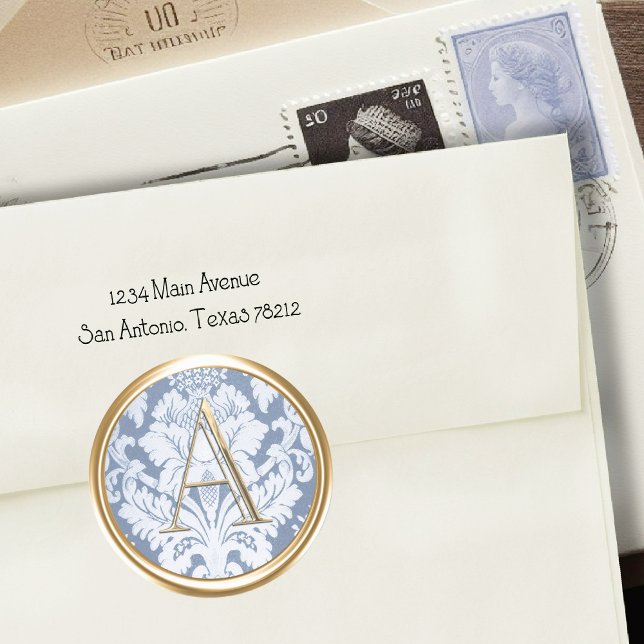 ALL INITIALS Gold Monogram Blue Damask Classic Round Sticker (Creator Uploaded)