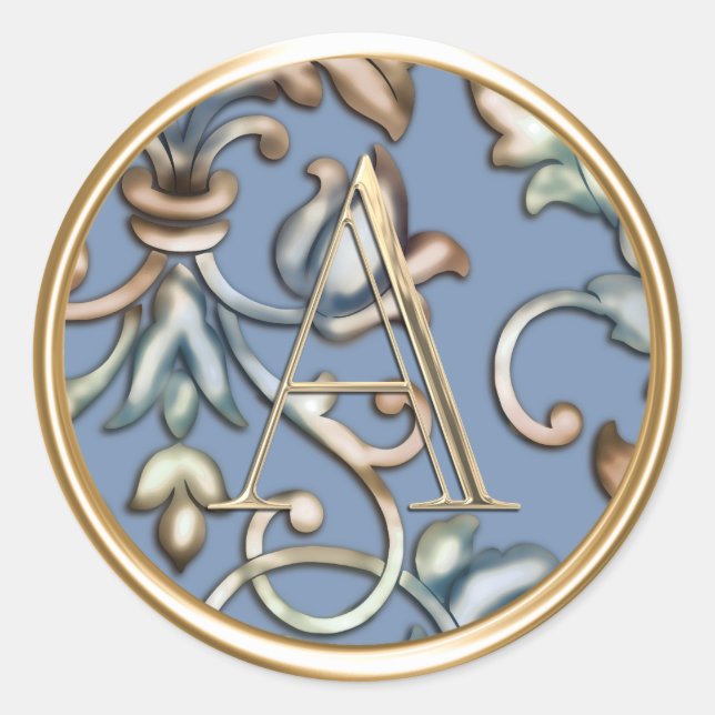 ALL INITIALS Gold Monogram Blue Earthtones Damask Classic Round Sticker (Front)