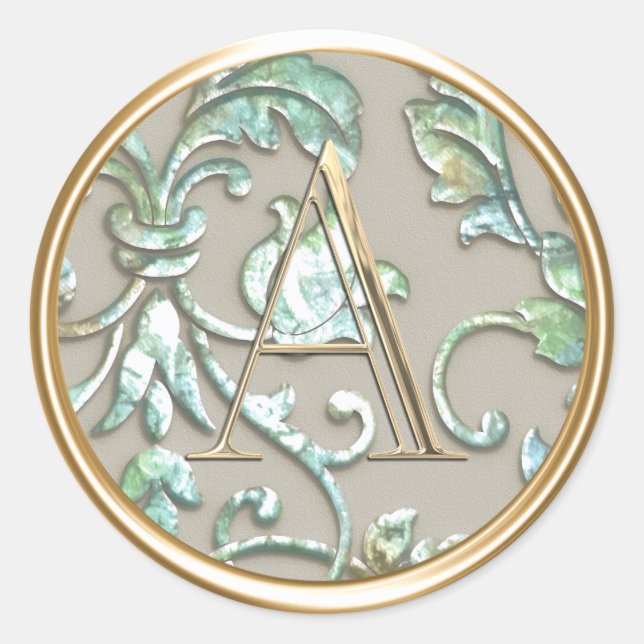 ALL INITIALS Gold Monogram Blue Green Aqua Damask  Classic Round Sticker (Front)