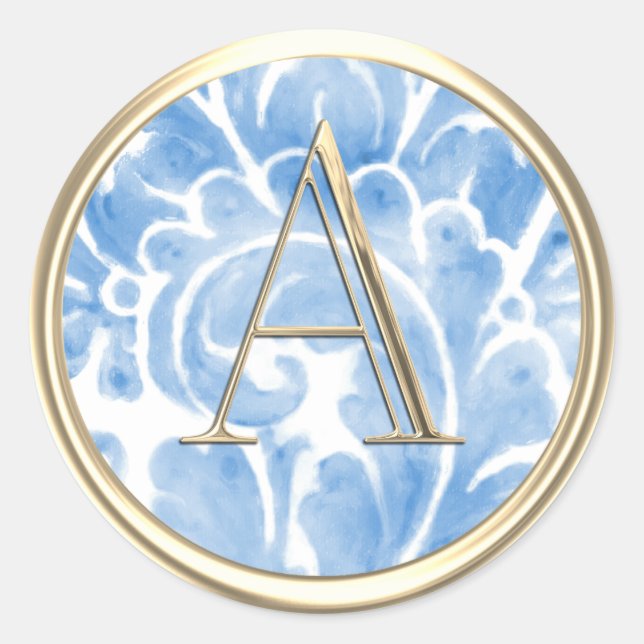 ALL INITIALS Gold Monogram Blue Plume Classic Round Sticker (Front)