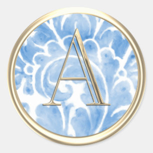 ALL INITIALS Gold Monogram Blue Plume Classic Round Sticker