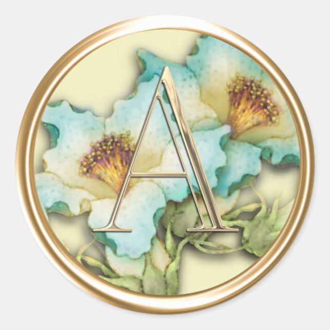ALL INITIALS Gold Monogram Blue White Lillies Classic Round Sticker (Front)