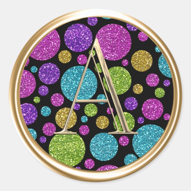 ALL INITIALS Gold Monogram Colourful Glitter Dots Classic Round Sticker (Front)