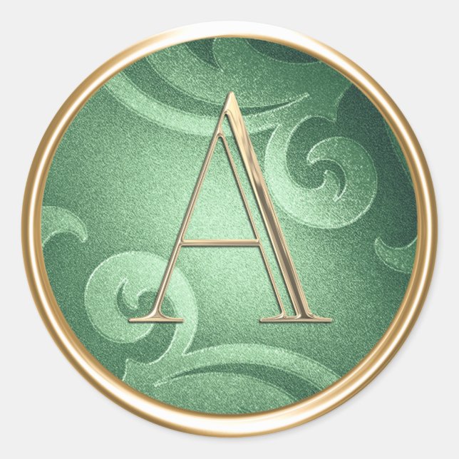 ALL INITIALS Gold Monogram Emerald Green Pattern Classic Round Sticker (Front)