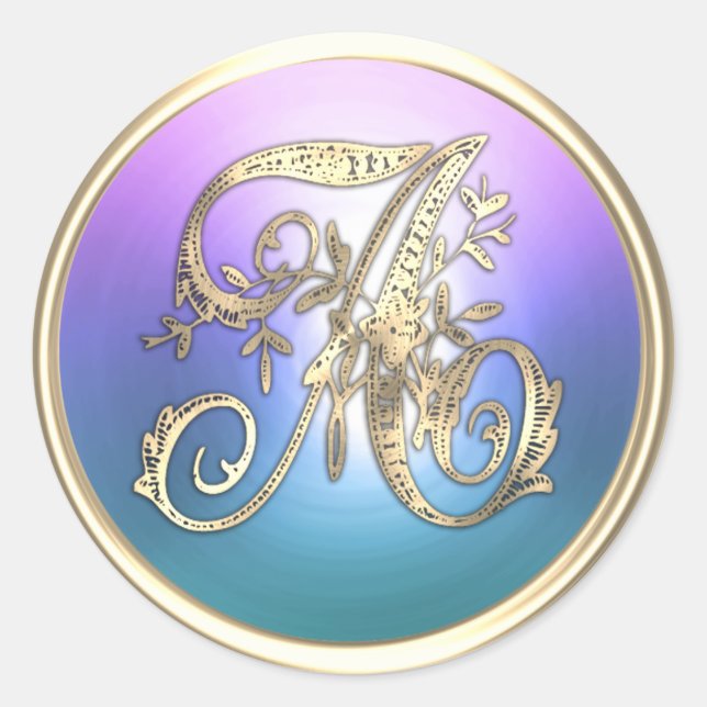 ALL INITIALS Gold Monogram Initial Purple Blue Classic Round Sticker (Front)