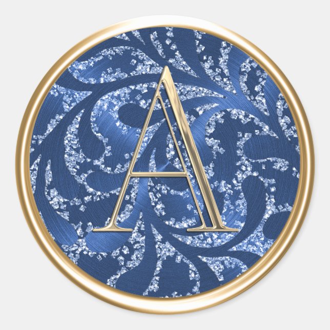 ALL INITIALS Gold Monogram Navy Blue Pattern Classic Round Sticker (Front)