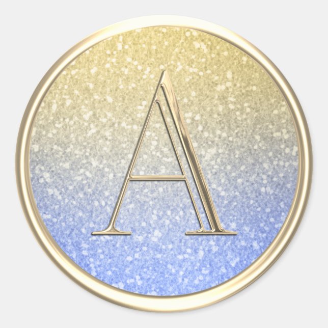 ALL INITIALS Gold Monogram Ombre Glitter Blue Classic Round Sticker (Front)