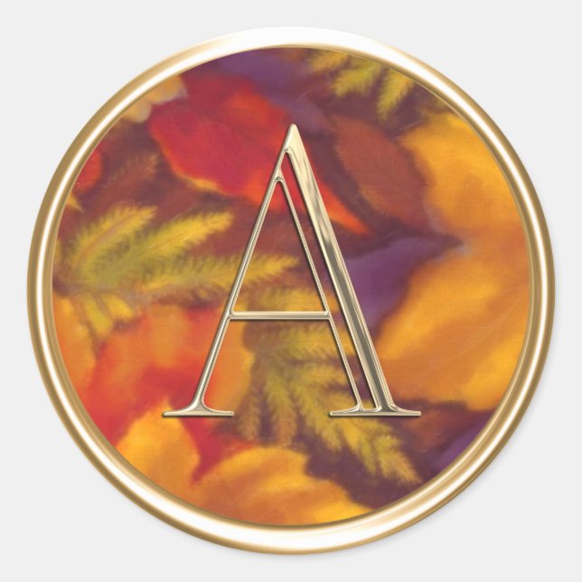 ALL INITIALS Gold Monogram on Autumn Leaves Classic Round Sticker (Front)