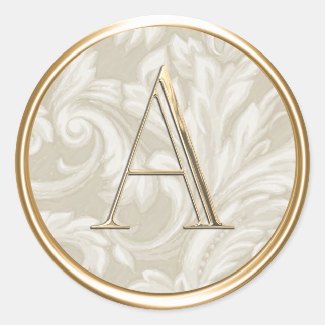ALL INITIALS Gold Monogram on Champagne Damask Classic Round Sticker (Front)