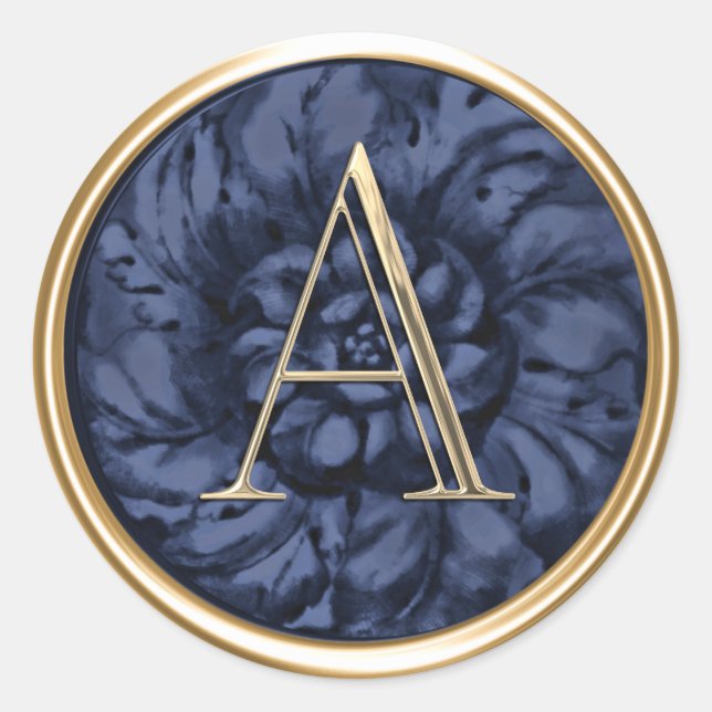ALL INITIALS Gold Monogram on Navy Blue Classic Round Sticker (Front)