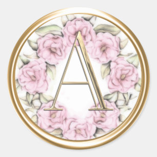 ALL INITIALS Gold Monogram on Pink Peonies Classic Round Sticker