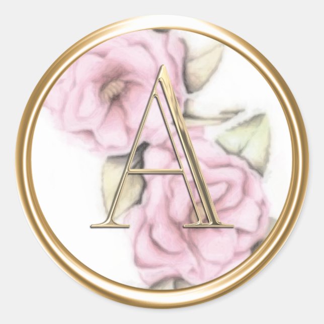 ALL INITIALS Gold Monogram on Pink Peonies Classic Round Sticker (Front)