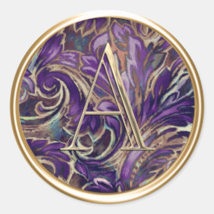 ALL INITIALS Gold Monogram on Purple Damask Classic Round Sticker