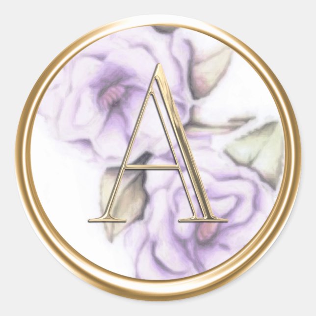 ALL INITIALS Gold Monogram on Purple Peonies Classic Round Sticker (Front)