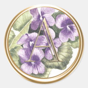 ALL INITIALS Gold Monogram on Purple Violets Classic Round Sticker
