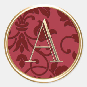 ALL INITIALS Gold Monogram on Red Damask Classic Round Sticker