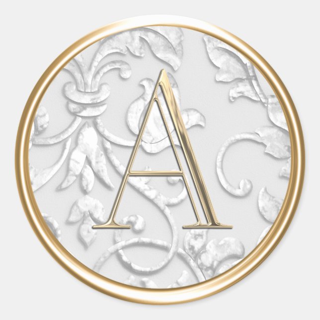 ALL INITIALS Gold Monogram on White Damask Classic Round Sticker (Front)