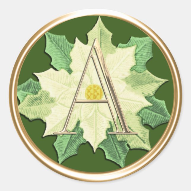 ALL INITIALS Gold Monogram on White Poinsettia Classic Round Sticker (Front)