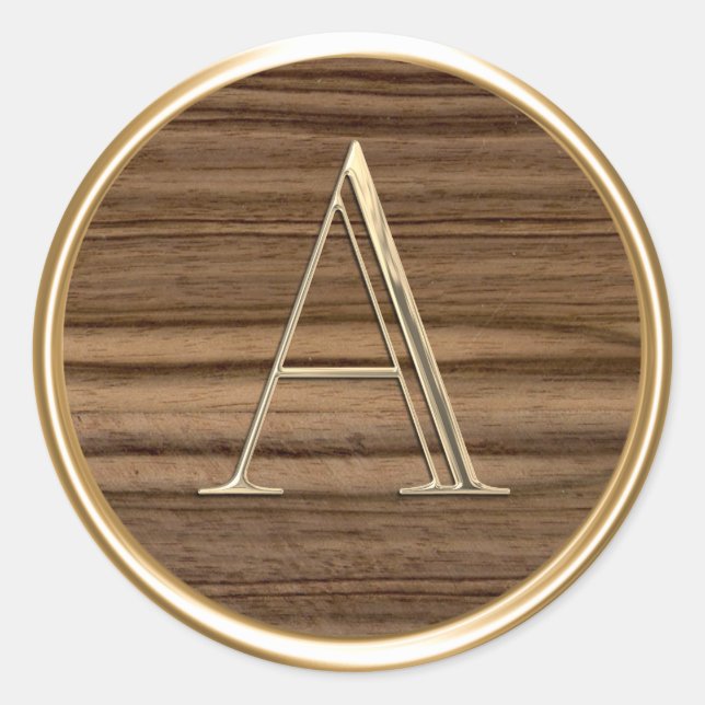 ALL INITIALS Gold Monogram on Woodgrain Classic Round Sticker (Front)