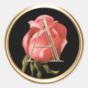 ALL INITIALS Gold Monogram Pink Rose Black Classic Round Sticker