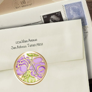 ALL INITIALS Gold Monogram Purple Roses Classic Round Sticker