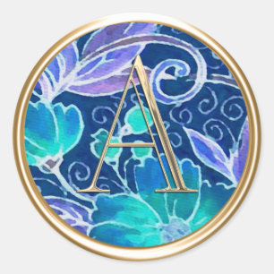 ALL INITIALS Gold Monogram Raspberry Blue Floral Classic Round Sticker