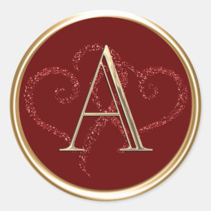 ALL INITIALS Gold Monogram Red Glitter Hearts Classic Round Sticker