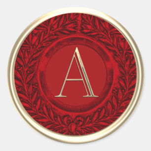 ALL INITIALS Gold Monogram Red Laurel Wreath Classic Round Sticker