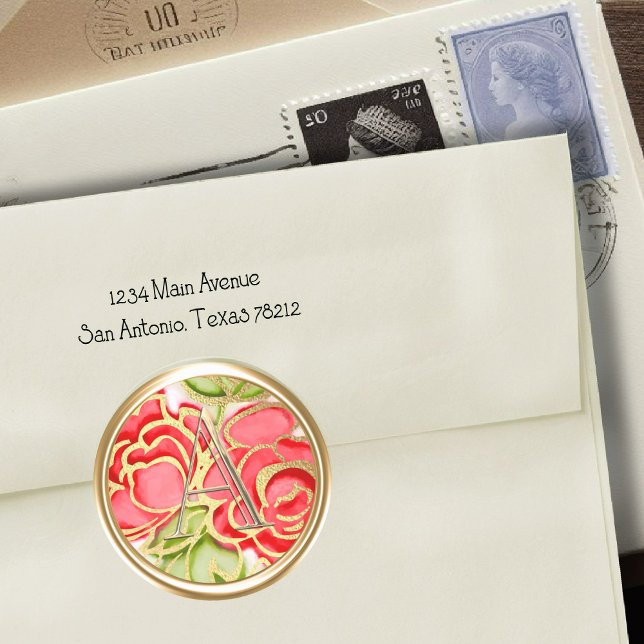 ALL INITIALS Gold Monogram Red Roses Classic Round Sticker (Creator Uploaded)