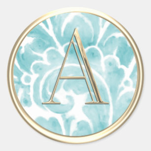 ALL INITIALS Gold Monogram Turquoise Plume Classic Round Sticker