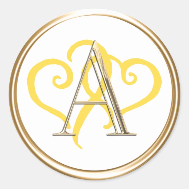 ALL INITIALS Gold Monogram Two Yellow Hearts Classic Round Sticker (Front)