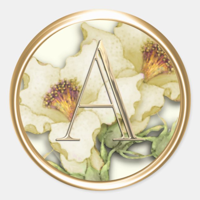 ALL INITIALS Gold Monogram White Lillies Classic Round Sticker (Front)