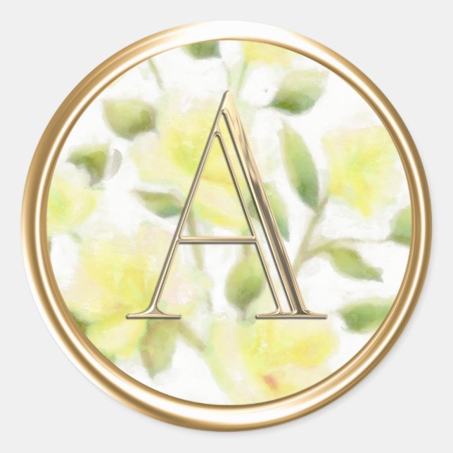 ALL INITIALS Gold Monogram Yellow Floral Classic Round Sticker (Front)