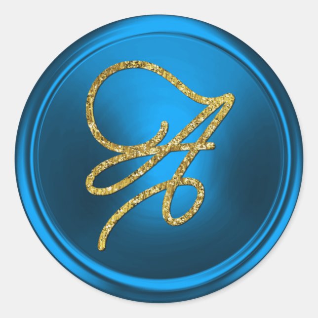 ALL INITIALS Gold Script Monogram Blue Classic Round Sticker (Front)