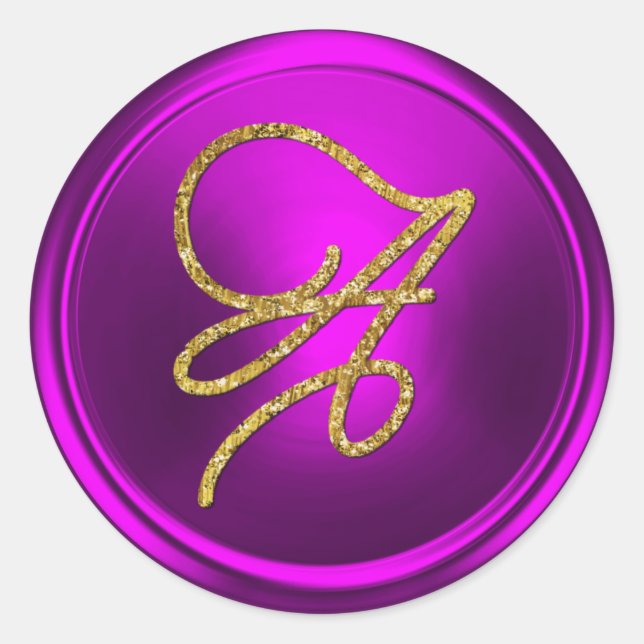 ALL INITIALS Gold Script Monogram Fuschia Classic Round Sticker (Front)