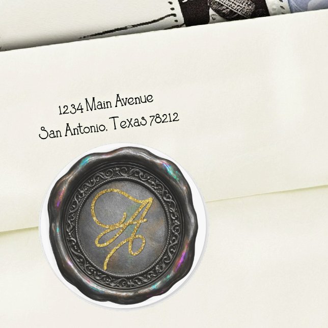 ALL INITIALS Gold Script Monogram Iridescent Black Classic Round Sticker (Creator Uploaded)