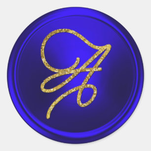 ALL INITIALS Gold Script Monogram Royal Blue Classic Round Sticker