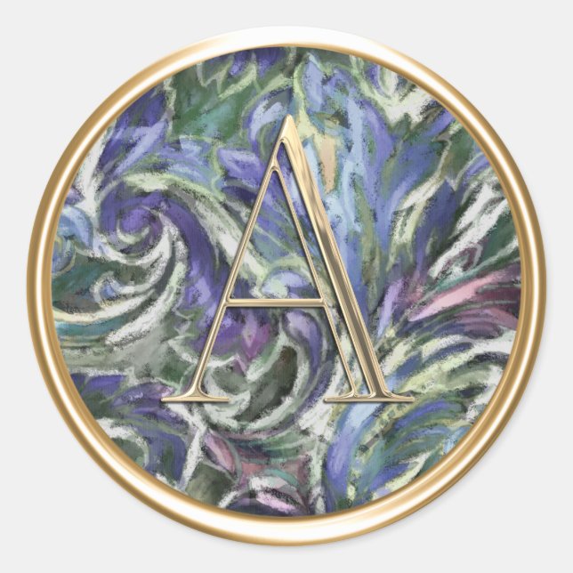 ALL INITIALS Monogram Blue Purple Green Damask Classic Round Sticker (Front)