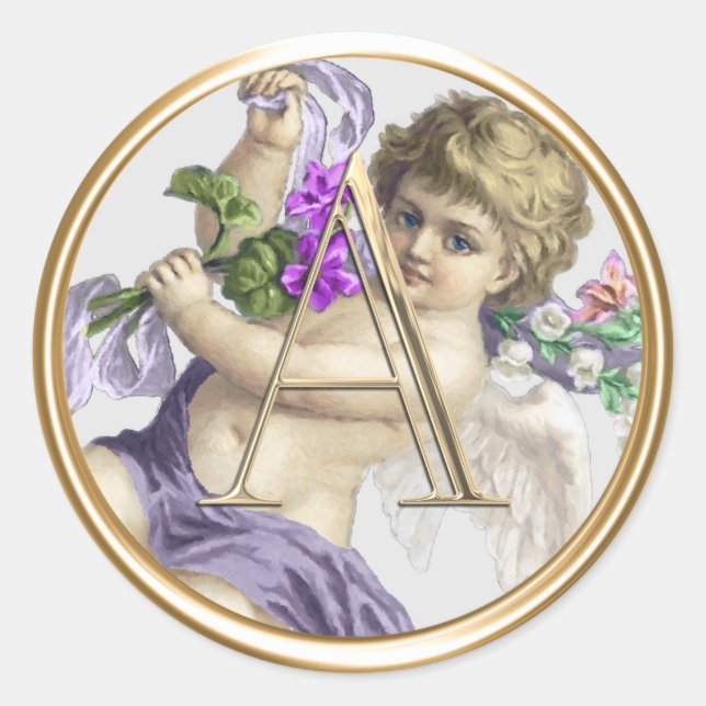 ALL INITIALS Monogram Cherub Purple Classic Round Sticker (Front)