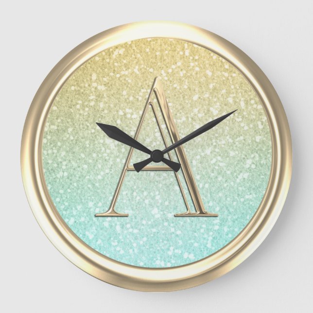 ALL INITIALS Monogram Ombre Glitter Aqua Large Clock (Front)
