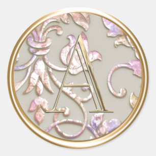 ALL INITIALS Monogram Purple Pink Peach Damask Classic Round Sticker