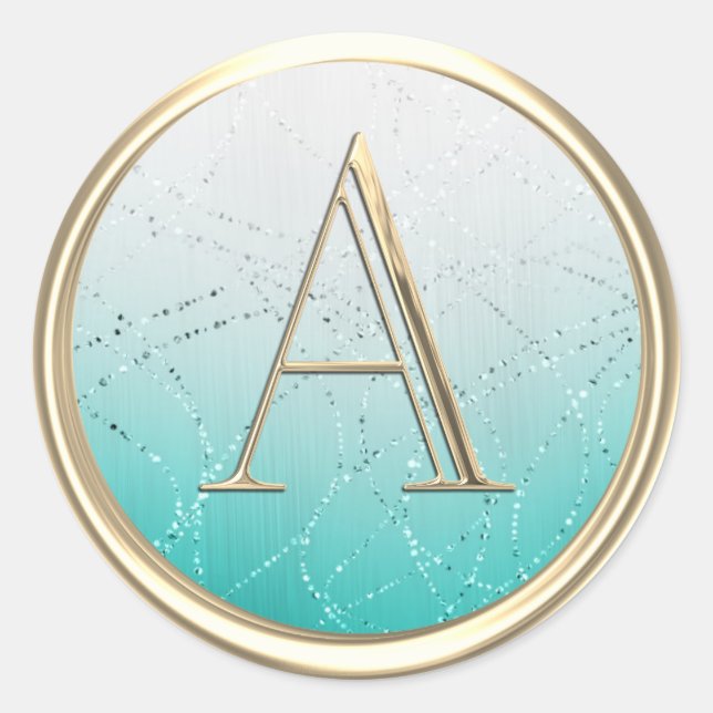 ALL INITIALS Monogram White Aqua Ombre Glittery Classic Round Sticker (Front)