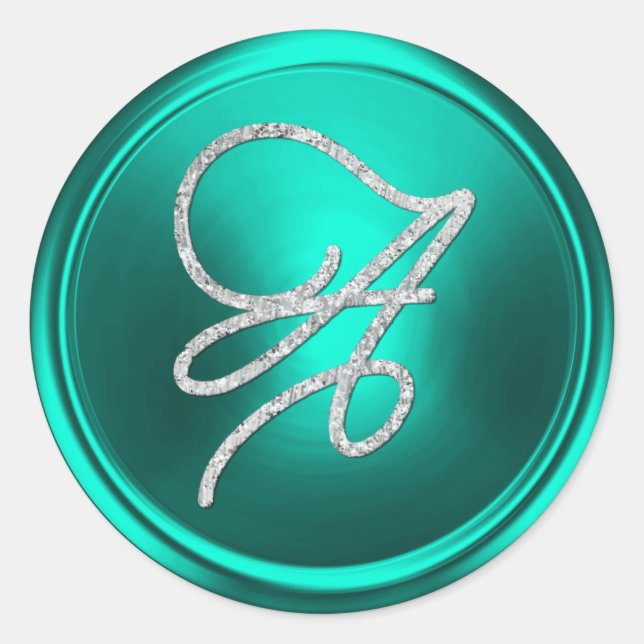 ALL INITIALS Silver Script Monogram Turquoise Classic Round Sticker (Front)